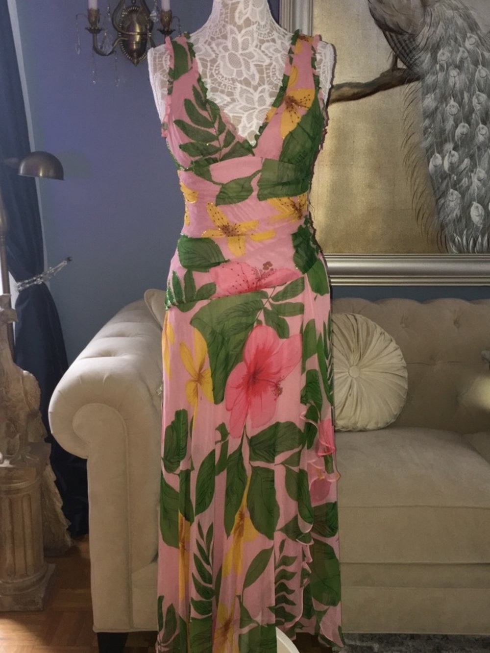 BCBG MaxAzria 100% Silk Pink Floral Maxi Dress — Size 6